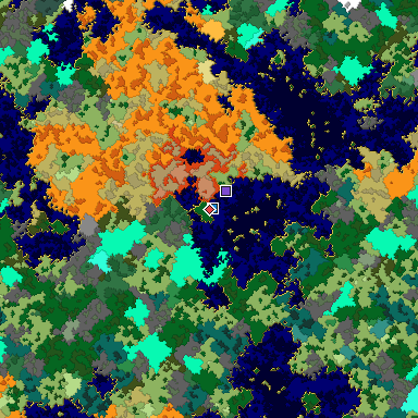 Predicted biome map of Java 1.16 seed -5183749035713680378 around estimated spawn