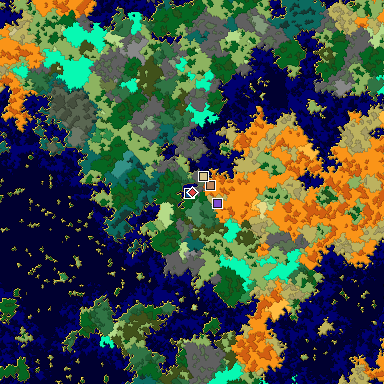 Predicted biome map of Java 1.16 seed 2895710154337425204 around estimated spawn