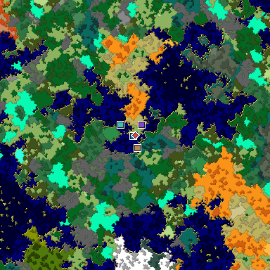 Predicted biome map of Java 1.16 seed -9195188503792859565 around estimated spawn