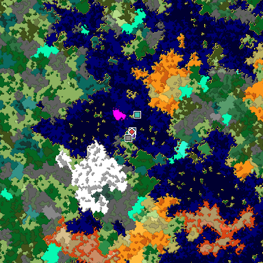 Predicted biome map of Java 1.16 seed -8971523162175604642 around estimated spawn