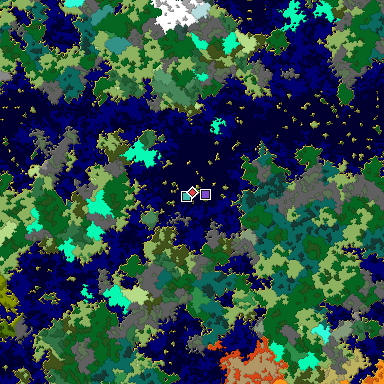 Predicted biome map of Java 1.16 seed -3644652550779822262 around estimated spawn
