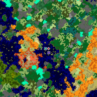 Predicted biome map of Java 1.16 seed 4332044485160915027 around estimated spawn
