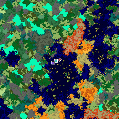 Predicted biome map of Java 1.16 seed 1663184271035458686 around estimated spawn