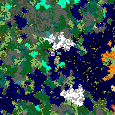 Predicted biome map of Java 1.16 seed -7558526034144629601 around estimated spawn