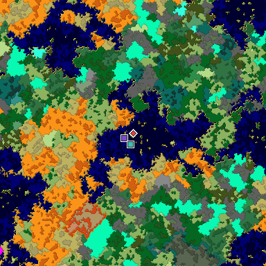 Predicted biome map of Java 1.16 seed 8785146113140828130 around estimated spawn