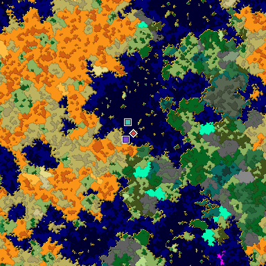 Predicted biome map of Java 1.16 seed -3811030230002146501 around estimated spawn
