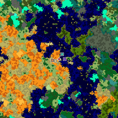 Predicted biome map of Java 1.16 seed -8319616182914395695 around estimated spawn