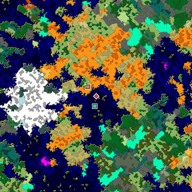 Predicted biome map of Java 1.16 seed -7399730348088133899 around estimated spawn