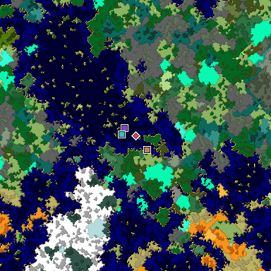 Predicted biome map of Java 1.16 seed 8881305718975372904 around estimated spawn