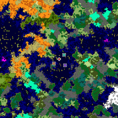 Predicted biome map of Java 1.16 seed -5006996237311049121 around estimated spawn