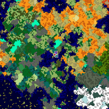 Predicted biome map of Java 1.16 seed -6537232980803639448 around estimated spawn