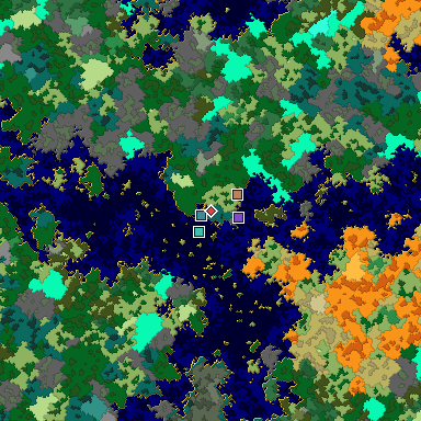 Predicted biome map of Java 1.16 seed 2147894441185942775 around estimated spawn