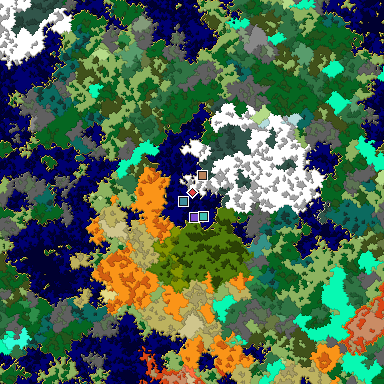 Predicted biome map of Java 1.16 seed -7762889291914388400 around estimated spawn