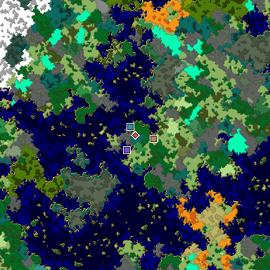 Predicted biome map of Java 1.16 seed -2580377737744920286 around estimated spawn