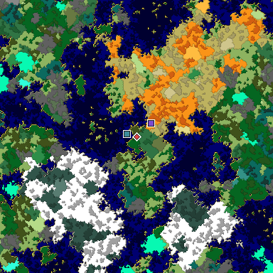 Predicted biome map of Java 1.16 seed 2102025960627657844 around estimated spawn