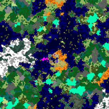 Predicted biome map of Java 1.16 seed -4891205239668589366 around estimated spawn