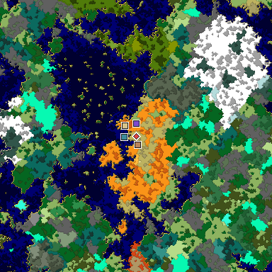 Predicted biome map of Java 1.16 seed -6994737263134285601 around estimated spawn