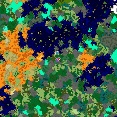 Predicted biome map of Java 1.16 seed 4446348927613348275 around estimated spawn