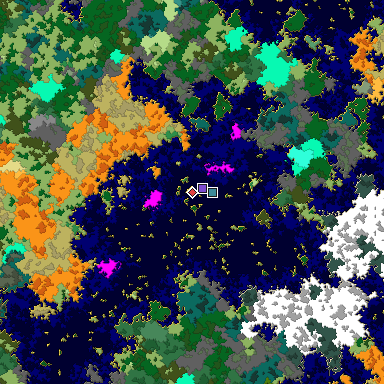 Predicted biome map of Java 1.16 seed -3608343350423256150 around estimated spawn