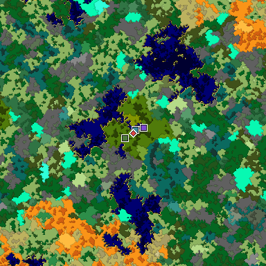 Predicted biome map of Java 1.16 seed -2689374077720763739 around estimated spawn