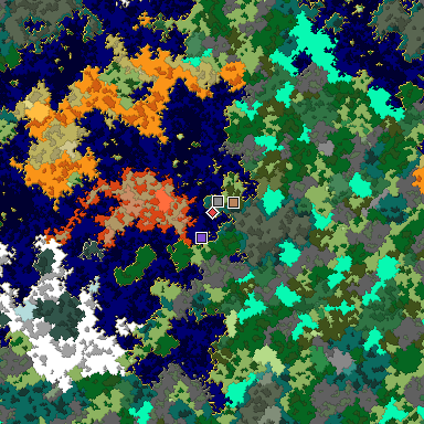 Predicted biome map of Java 1.16 seed -5951364606789298334 around estimated spawn