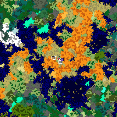 Predicted biome map of Java 1.16 seed 4992431333379096125 around estimated spawn