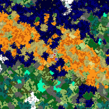 Predicted biome map of Java 1.16 seed -5652141798999289906 around estimated spawn