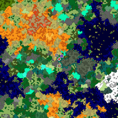 Predicted biome map of Java 1.16 seed -2167503342059402516 around estimated spawn