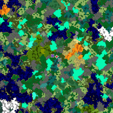 Predicted biome map of Java 1.16 seed -50102123933204421 around estimated spawn