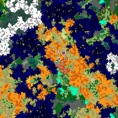 Predicted biome map of Java 1.16 seed 3710520132108338097 around estimated spawn