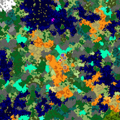 Predicted biome map of Java 1.16 seed 4445388933991484571 around estimated spawn