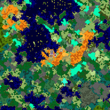 Predicted biome map of Java 1.16 seed -6950994978454464307 around estimated spawn