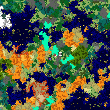 Predicted biome map of Java 1.16 seed -8253483448048820640 around estimated spawn