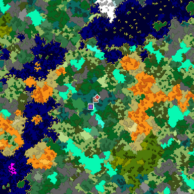 Predicted biome map of Java 1.16 seed -2119938088830694822 around estimated spawn