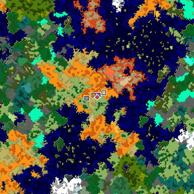 Predicted biome map of Java 1.16 seed -8234156602132745923 around estimated spawn