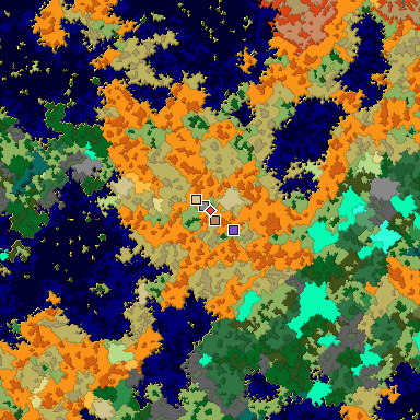 Predicted biome map of Java 1.16 seed 2550050976272577676 around estimated spawn