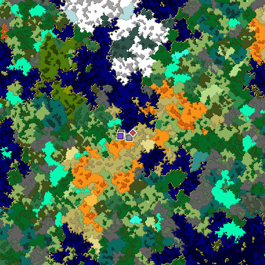 Predicted biome map of Java 1.16 seed 8165268442977567504 around estimated spawn