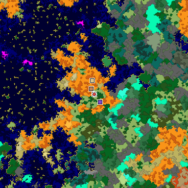 Predicted biome map of Java 1.16 seed -8713751133306241432 around estimated spawn