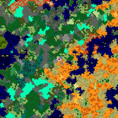 Predicted biome map of Java 1.16 seed 8494811955773416120 around estimated spawn