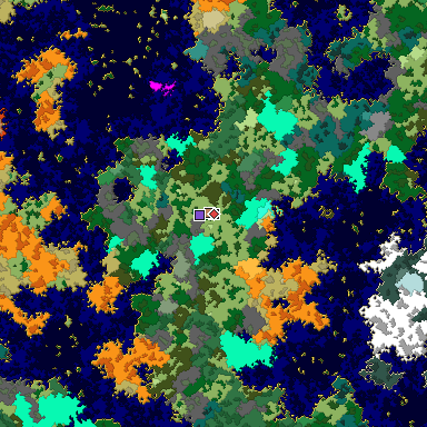 Predicted biome map of Java 1.16 seed 690091149338690067 around estimated spawn