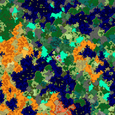Predicted biome map of Java 1.16 seed -8351214867305945401 around estimated spawn