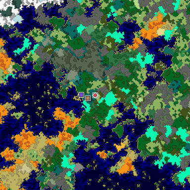 Predicted biome map of Java 1.16 seed -5786445537766587067 around estimated spawn