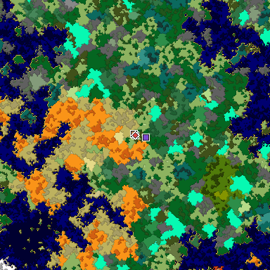 Predicted biome map of Java 1.16 seed 5376734309415031662 around estimated spawn