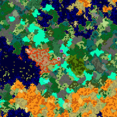 Predicted biome map of Java 1.16 seed 821012304275487190 around estimated spawn