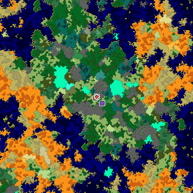 Predicted biome map of Java 1.16 seed -5973575540360370661 around estimated spawn