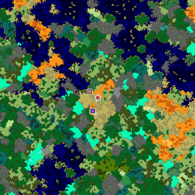 Predicted biome map of Java 1.16 seed -5351339938291465986 around estimated spawn