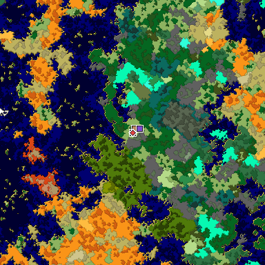 Predicted biome map of Java 1.16 seed 5822068599325578092 around estimated spawn