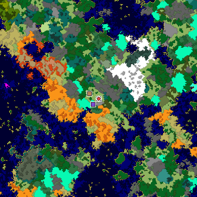 Predicted biome map of Java 1.16 seed -2965823745745295449 around estimated spawn