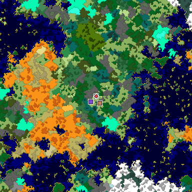 Predicted biome map of Java 1.16 seed 1876988567327833627 around estimated spawn