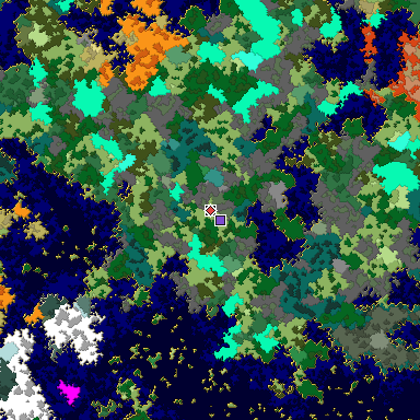 Predicted biome map of Java 1.16 seed 4083631730097438050 around estimated spawn